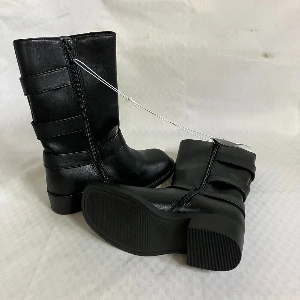 Art Class Kids' Girls 13 Black Dee Tall Buckle Boots Faux Leather Side Zipper